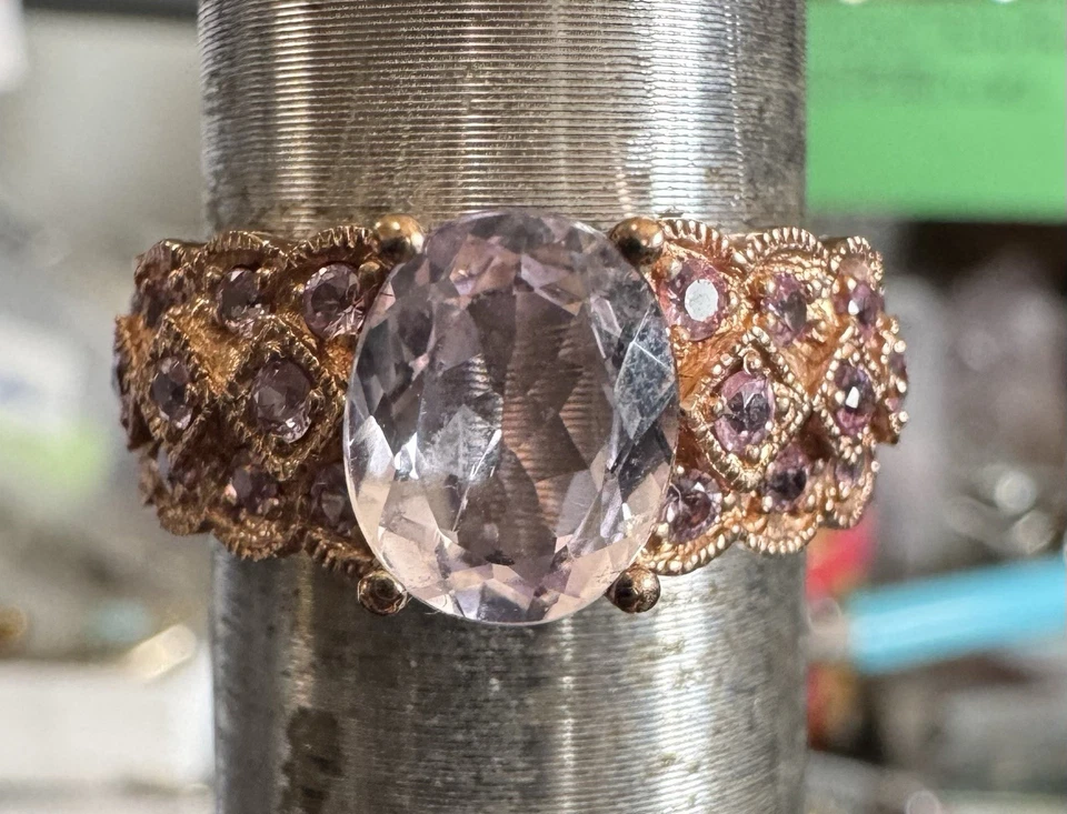 10K Rose Gold Pink Morganite Solitaire w Pink Sapphire Accents Size 7 - Image 2 of 4