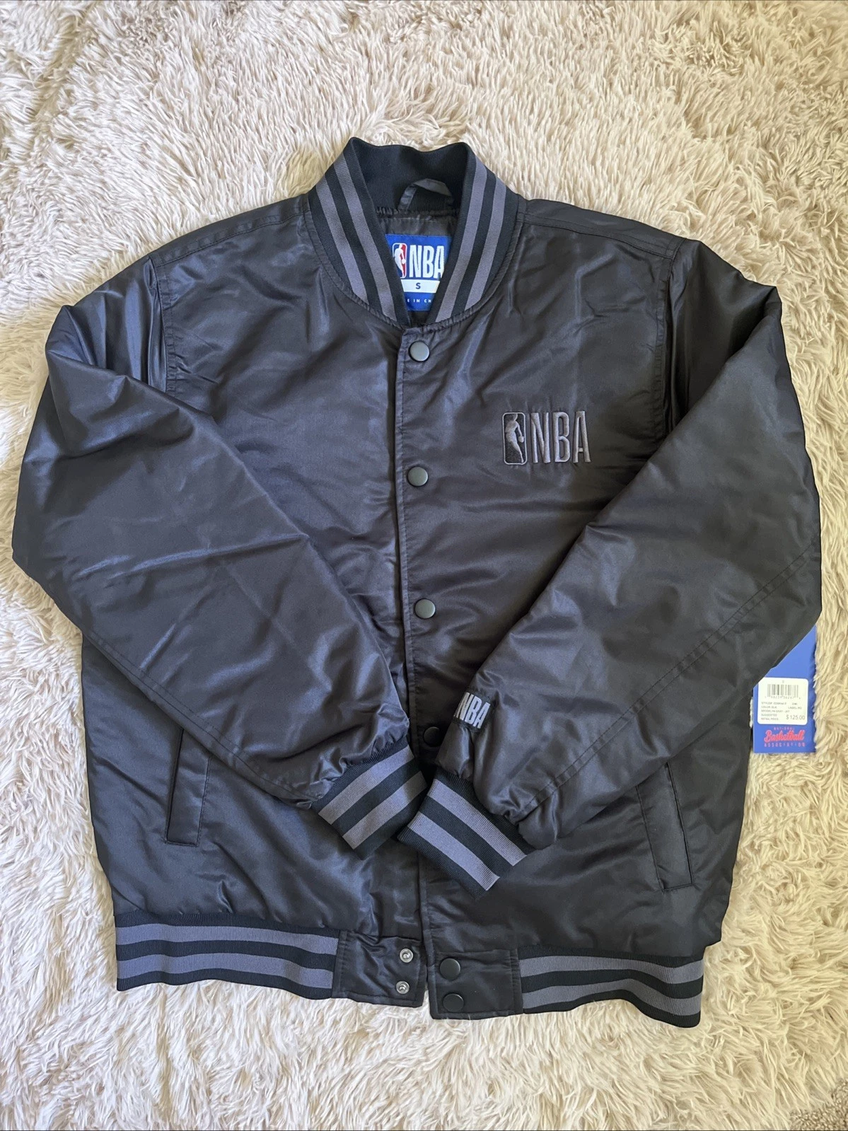 Official Satin NBA Brooklyn Bomber Varsity Snap Jacket Men's Size S Black NWT - product detail image 1