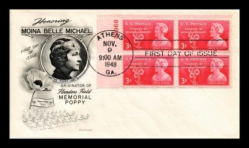 DR JIM STAMPS US MOINA MICHAEL POPPY DAY FDC SCOTT 977 PLATE BLOCK COVER