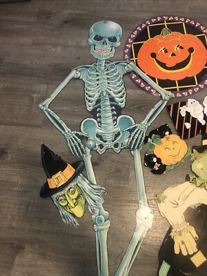 Vintage Halloween Paper Decorations Beistle  C A Reed Witch Skeleton Scarecrow
