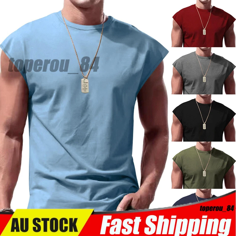 Mens Workout Tank Top Sleeveless Round Neck Gym Bodybuilding Cut Off T Shirts