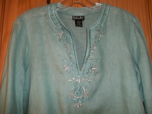 Rafaella Light Teal Linen Embroidered Pants Outfit, Top Size 10, Pants Size 8 - Picture 7 of 12