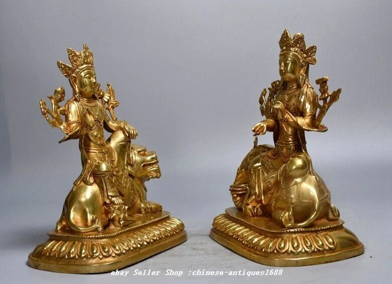 9.8" Old Chinese Bronze Gilt Wenshu Puxian Kwan-yin Lion Elephant Buddha Pair - Image 4 of 4