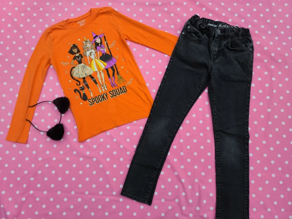 the childrens place 4pc outfit witch striped top jean pants headband size 7 8 - Image 2 of 4