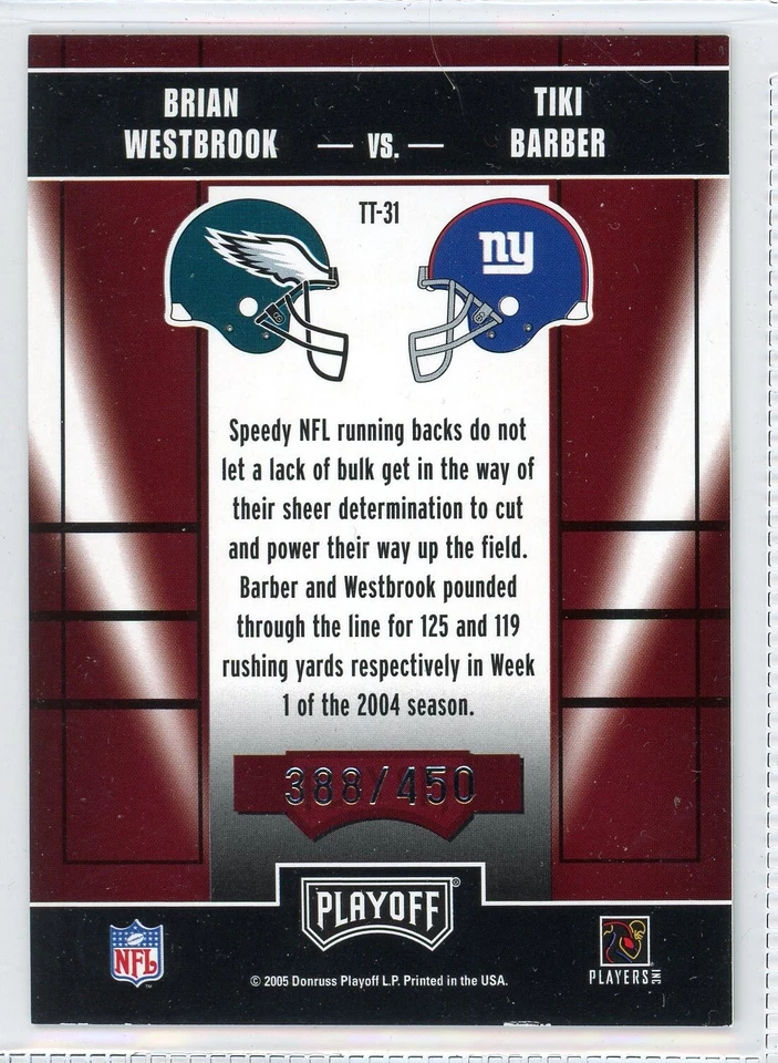 2005 Contenders BRIAN WESTBROOK vs TIKI BARBER Toe to Toe #TT 31  Ser#388/450 - Image 2 of 2