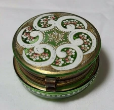 Vintage Antique Bohemian Glass Green Art Trinket Ring Pill Jar Box Moser Enamel