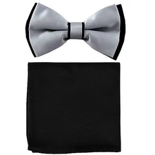New Men's Two Layer Tones Pre-tied Bow Tie and Hankie Set Silver Black wedding