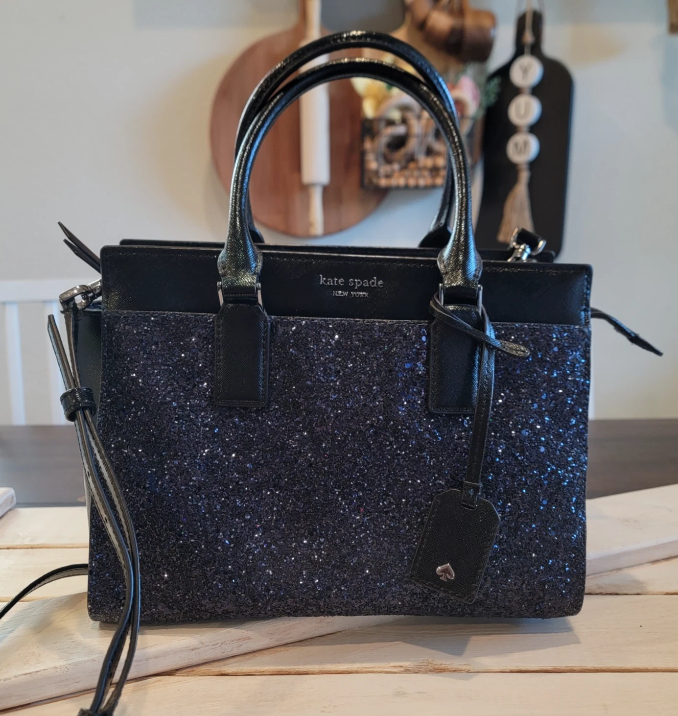 Borsa a mano Kate Spade Cameron glitter borsa a tracolla borsa in pelle nera blu navy
