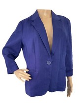 Chicos 100 Linen Blazer Jacket Carbon Blue 3/4 Sleeve One Button Size 1 M-8