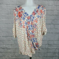 Maurice's Women's Small Top Floral Blue Orange Cold Shoulder Wrap-Front Blouse