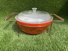 Vintage PYREX 1960’s Golden Leaf Red Gold Holly Leaves 404 Bowl with Stand
