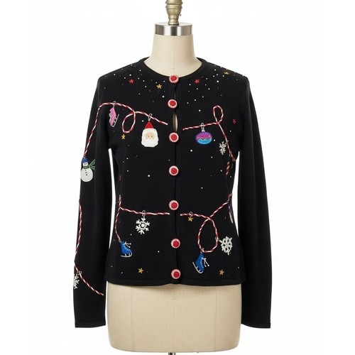 Designers Originals Studio Joy Christmas Cardigan Sweater Black Petite Large