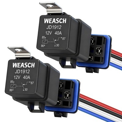 Weasch 2 Pack Waterproof Relay Kit, 12V 40A, 4 Pin SPST, Heavy Duty 4Pin 