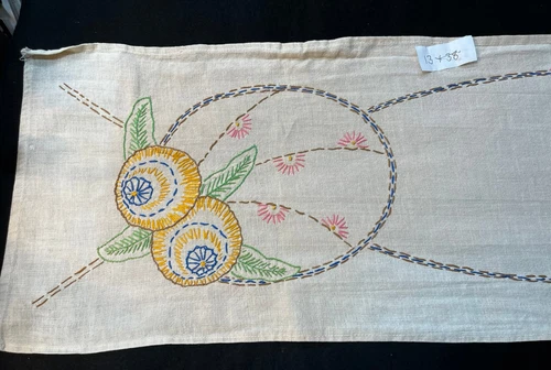 Lot of 2 Vintage Linen Embroidered Dresser Scarves/Table Runners 13x38 14x22