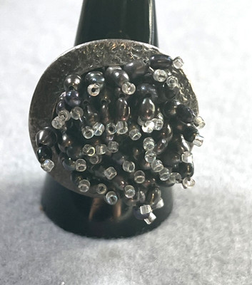 Vintage Nachlass Ring Größe 8,5 Unikat silberfarben schwarz bewegliche Perlen #021026D