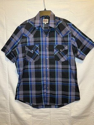 Ely Cattleman Men M Button Up Shirt Blue Plaid Short Sleeve Pearl Snap Western