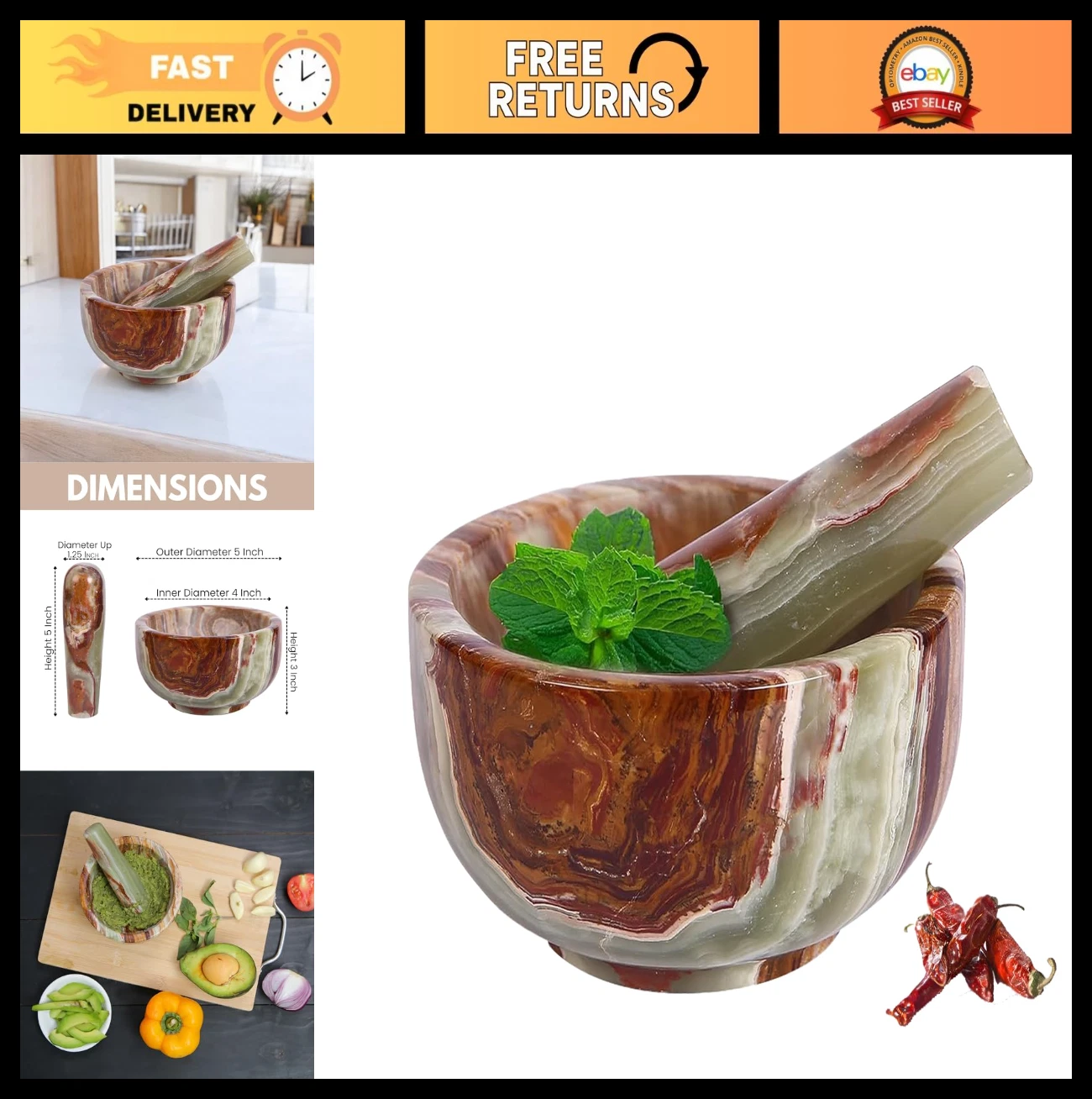 Marble Mortar and Pestle Set - Ideal for Grinding Spices, Making Guacamole & Sal