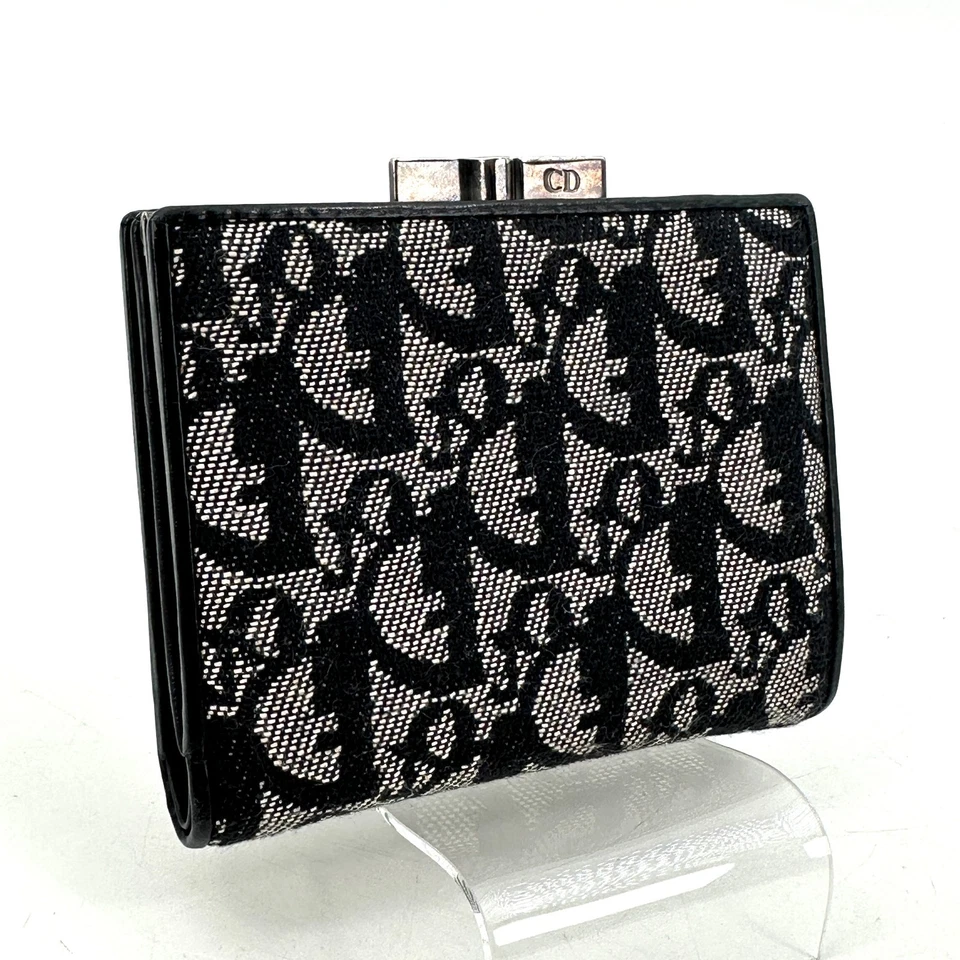 Cartera compacta Christian Dior Trotter de lona de cuero con bloqueo de beso negra auténtica Foto 3 de 4