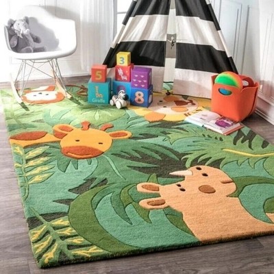 Hand Tufted Wool Area Rug Green Kids Animal Safari Handmade 8x10