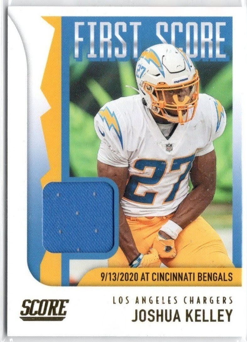 2021 Score First Score Joshua Kelley Jersey Relic Card #FS24 Chargers