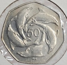 1997 Gibraltar 50 Pence Coin Dolphins Design Uncirculated KM# 39 - FREE SHIPPING