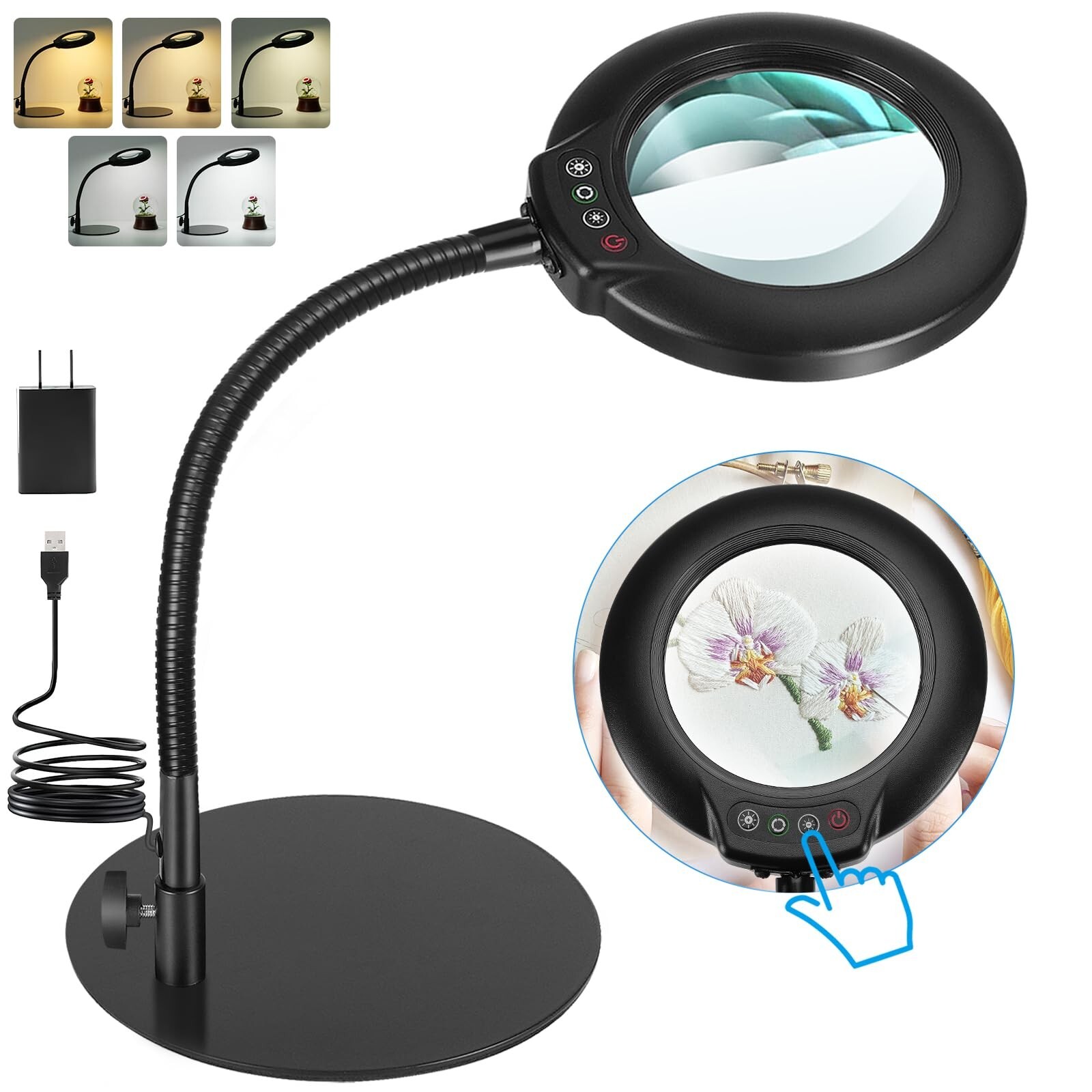 10X Magnifying Glass with Light, Flexible Gooseneck Lighted Magnifier with St...