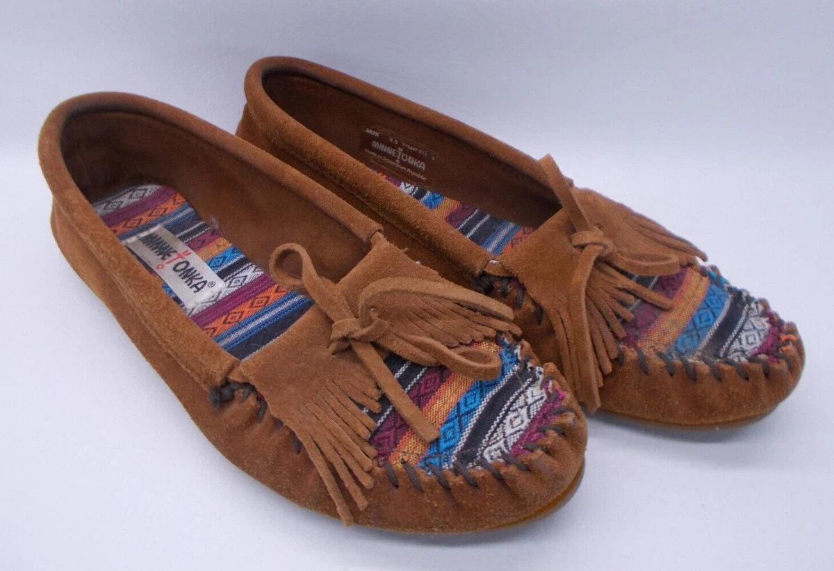 Minnetonka Moccasins Arizona Fabric Women s 9.5 Brown Hard Sole