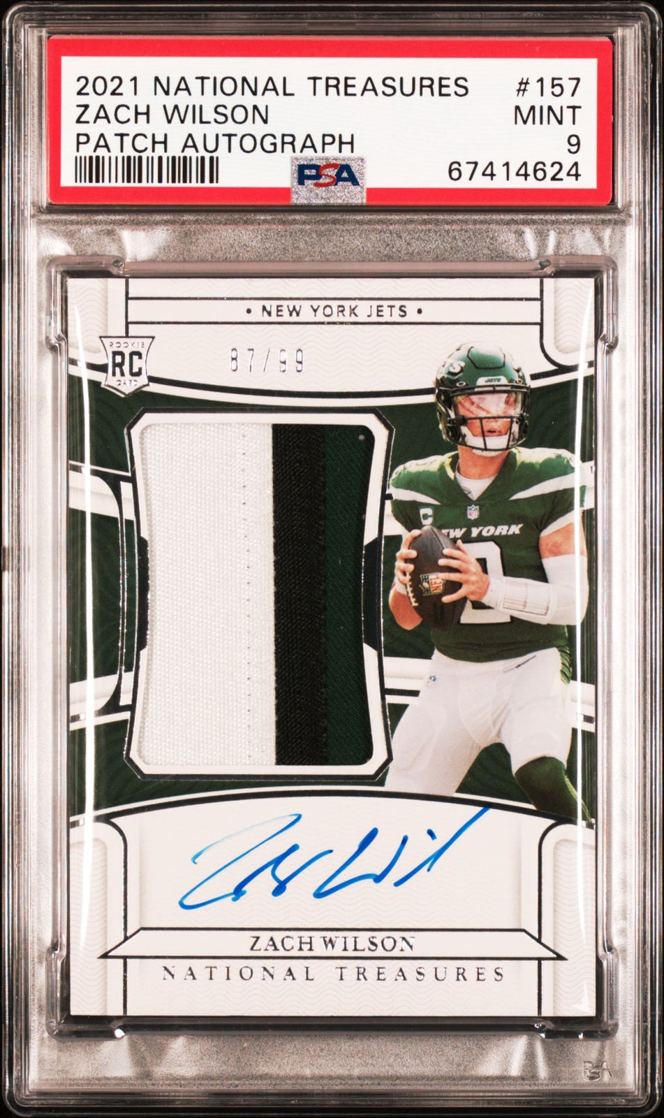 2021 Panini National Treasures #157 Zach Wilson Rookie Patch Auto RPA /99 PSA 9