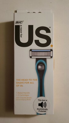 BIC A Razor For Us. 5 Flexible Blades, 1 Blue Metal Handle + 2 Cartridges, NEW