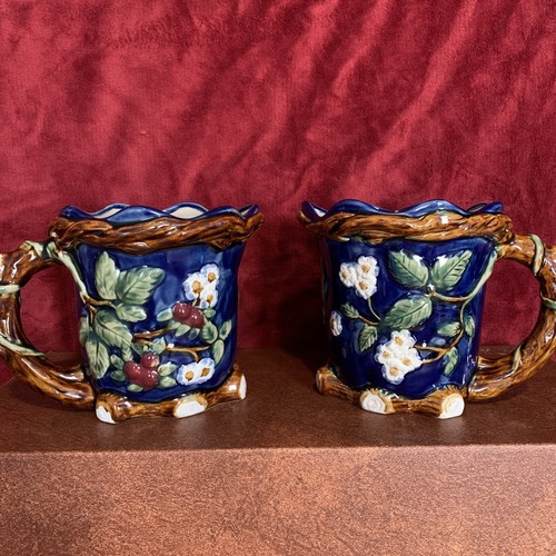 PAIR of Wanjiang Nouveau Majolica Pitchers  wRaspberry Flowers & Berries VTG VGC