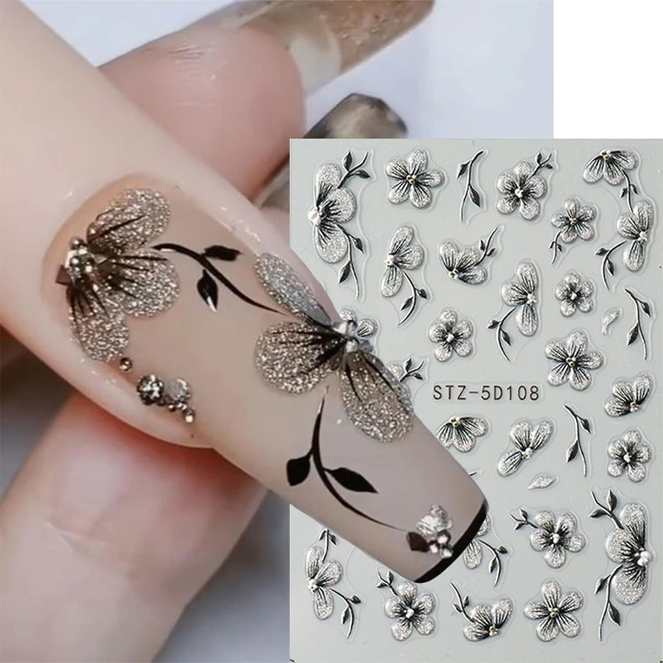 NAIL STICKERS FLOWERS TULIPS 5D Nail Art Aufkleber Aufkleber geprägt Blumen Blumen Gänseblümchen Farn Dekoration 5D108