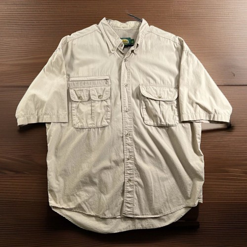 Cabelas Hemd Herren Large Kurzarm belüftet Angeln beige Wandern Performance