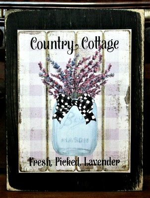 Fresh Picked Lavender in Mason Jar Farmhouse Wooden Block Shelf Sitter 3.5X4.5