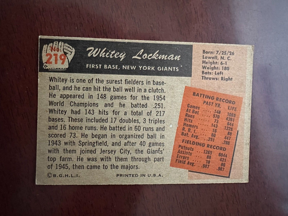 Sharp 1955 Bowman New York Giants Whitey Lockman Baseball Card # 219 | eBay