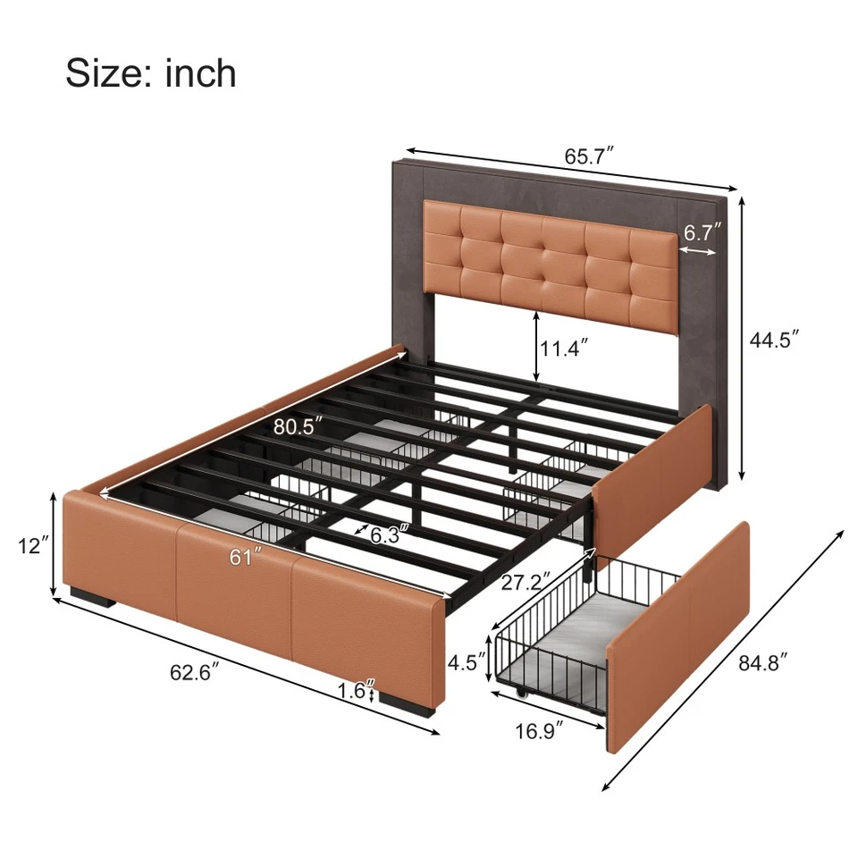 Modern Upholstered Queen Size Platform Bed Frame with 4 Drawers,Orange & Brown - Image 2 of 4