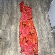  Toperth Red Floral Ruffle One-Shoulder Mesh Maxi Dress - Size S