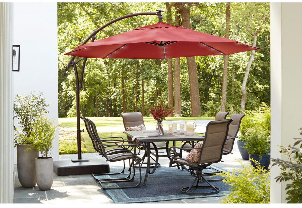 Hampton Bay 11 Ft Led Round Offset Patio Umbrella In Red Yjaf052 For Sale Online Ebay