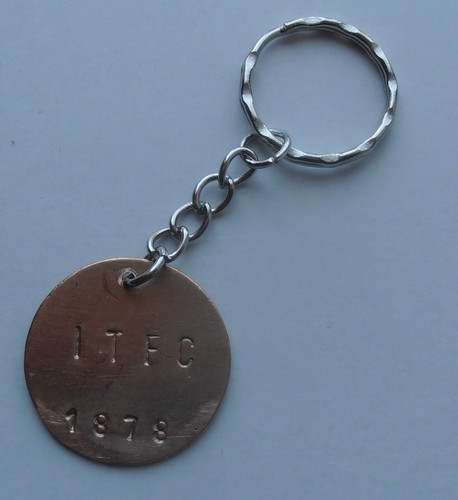 IPSWICH TOWN FC KEYRING. 1878 PENNY STAMPED WITH ITFC. YEAR CLUB FOUNDED