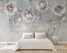 3D Relief Floral Purple Self-adhesive Removeable Wallpaper Wall Mural