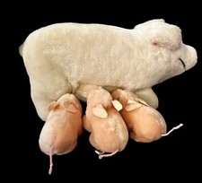R Dakin Co Mom Plush Pig Feeding 3 Piglets in lined basket 1980 Vintage Soft Toy