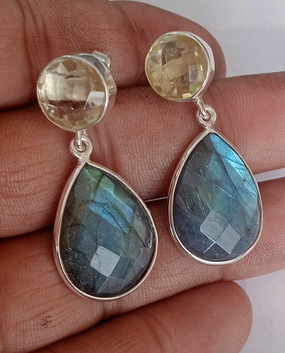Solid 925 Sterling Silver Labradorite Gemstone Studs Earrings Jewelry - Picture 6 of 6
