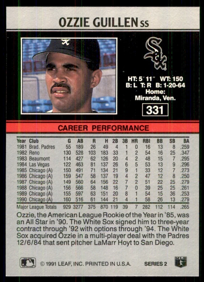 1991 Leaf Ozzie Guillen Baseball Cards #331 - Image 2 of 2