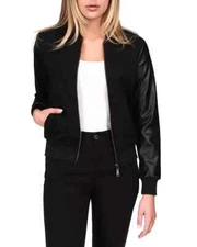 Michael Kors Women Jacket 2X PLUS Black Zip-Up Leather Sleeves Bomber NWT FUL801