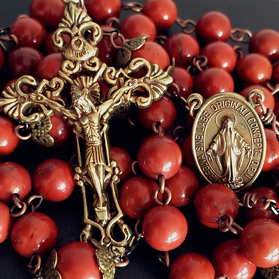 Rare Red Carnelian Rose beads Vintage Catholic Rosary Necklace Cross ...