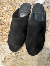 Tory Burch Black Suede Floral Embroidered Open Toe Heeled Mules Womens Size 7