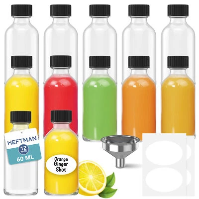 HEFTMAN Mini Glass Bottles 60ml Ginger Shots Bottle Label Juice Oil 12 Pack