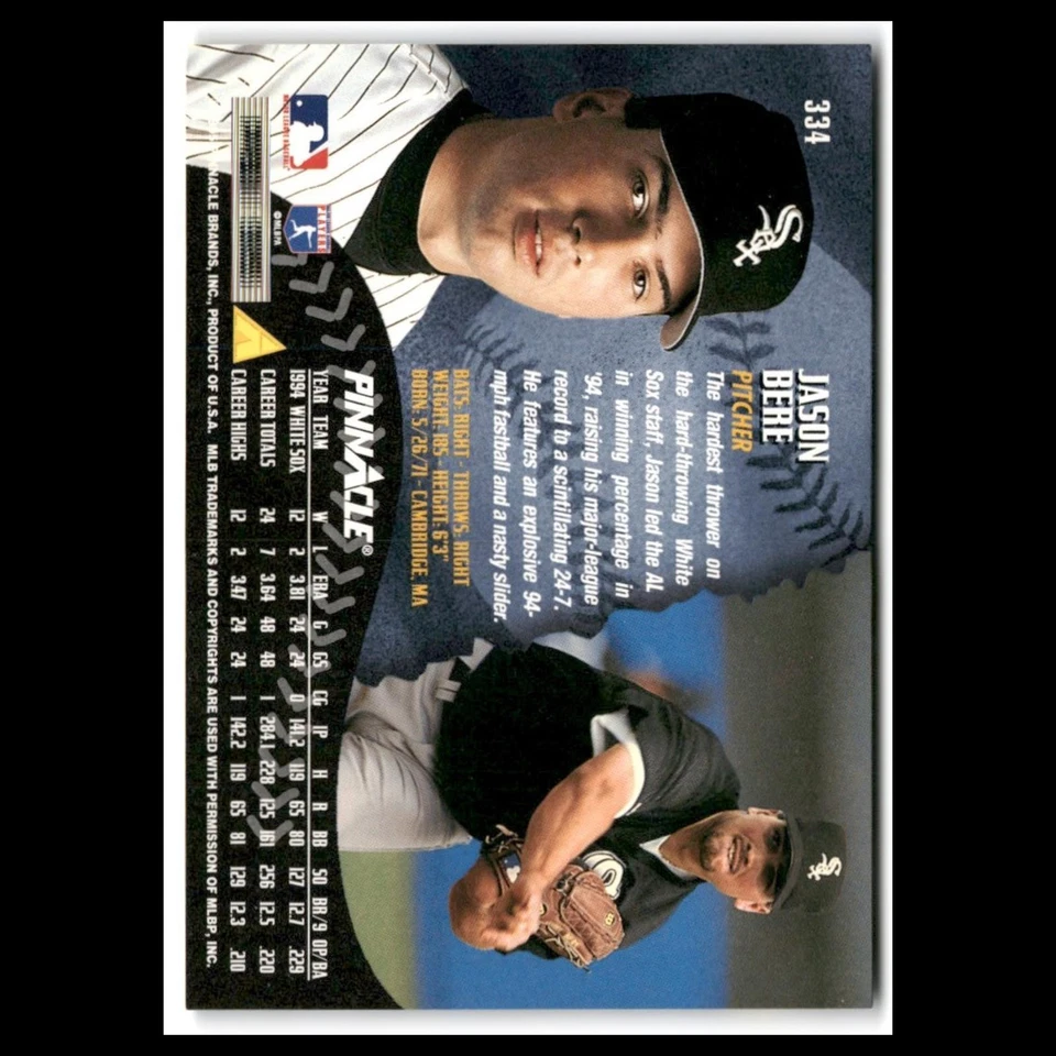 Jason Bere #334 1995 Pinnacle Chicago White Sox Baseball Card MLB NM - Image 2 of 3