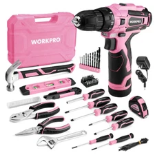 WORKPRO 108PCS Home Tool Kits w/ 12V 1.5Ah Power Drill & Common Bits PINK Tools