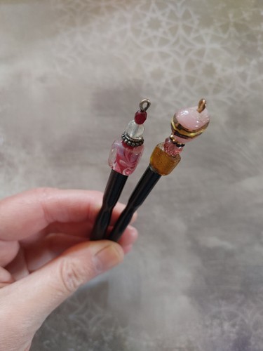 Vintage LOT qty 2 accessory hair stick wood Italian art glass beads pink - Picture 5 of 5