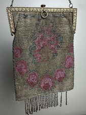 Vintage Antique Edwardian Era 1910s Steel Bead Purse Pink Flowers Art Nouveau